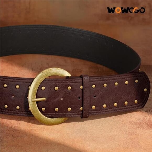 Wide Chunky Studded Brown Leather Vintage Style Waist Belt with Brass Buckle main image 5